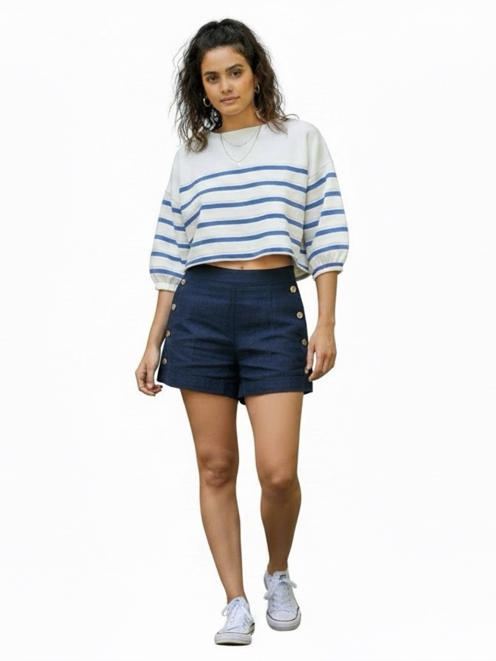 Womens Cream & Blue Striped Knit Sweater Top-XL-nautical w/boat neck collar-